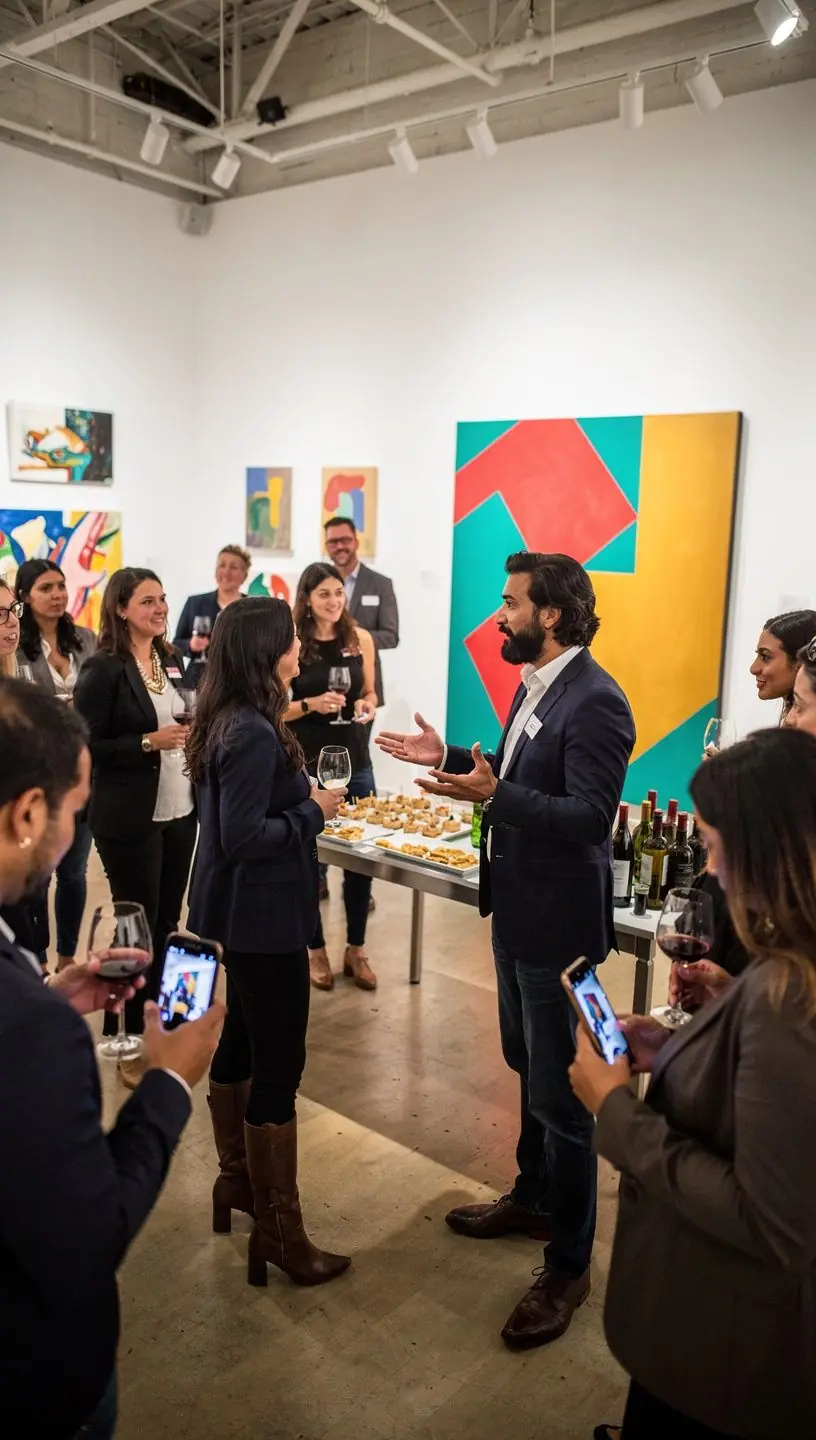 Uczestnicy eventu networkingowego prowadzący rozmowy w eleganckim, profesjonalnym środowisku biznesowym.